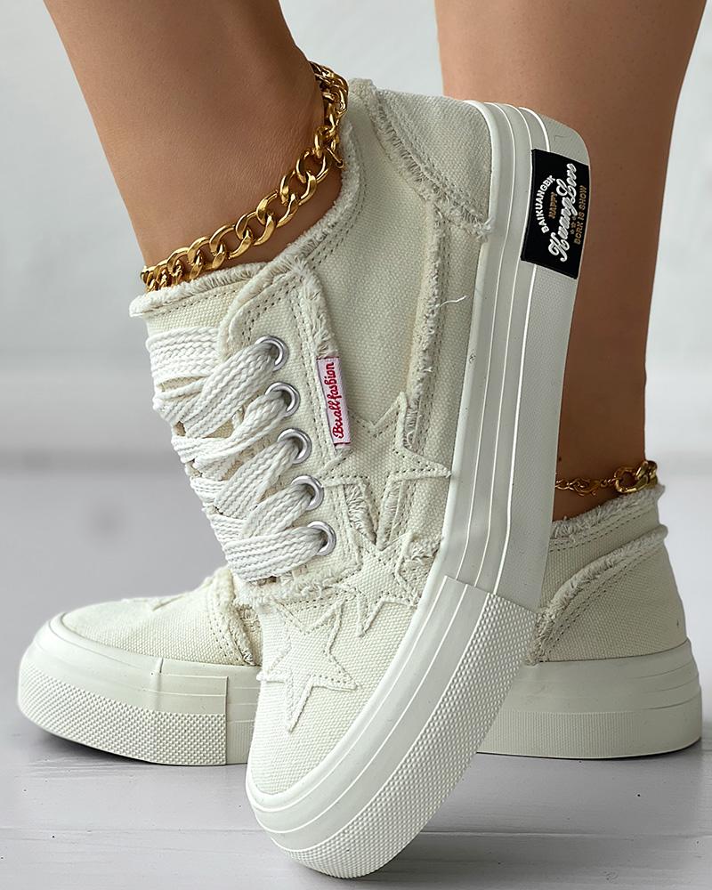 

Star Pattern Raw Hem Denim Sneakers, Beige