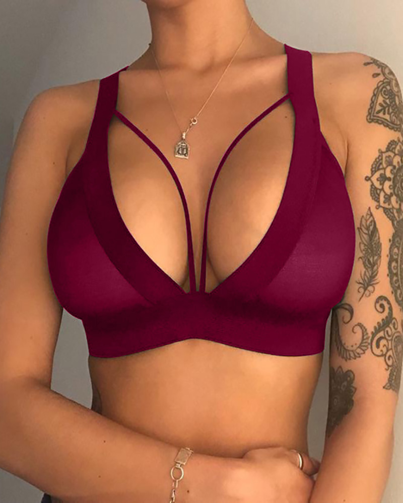 

Cutout Mesh Thick Strap Bralette, Wine red