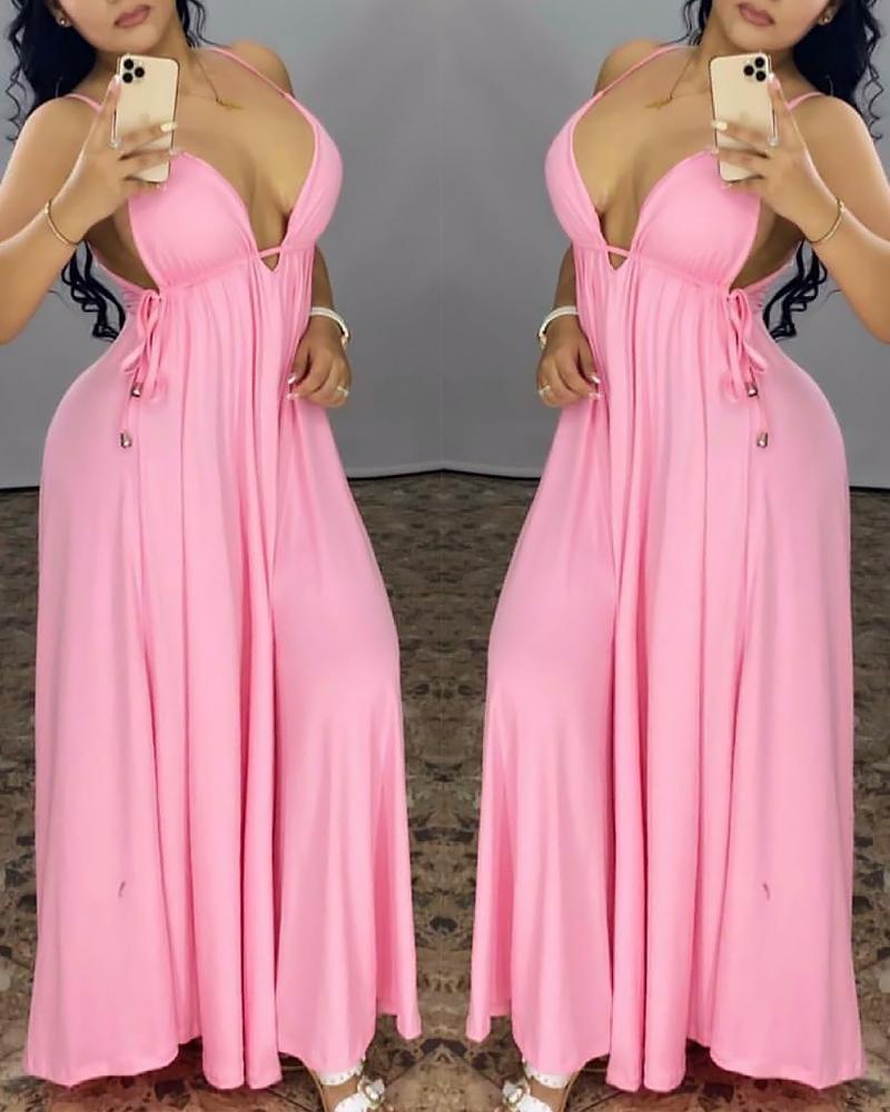 

Plunge Drawstring Wide Leg Jumpsuit, Pink