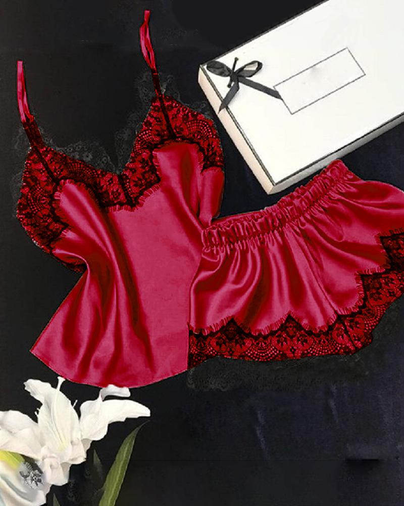 

Spaghetti Strap Lace Trim Satin Cami Set, Red