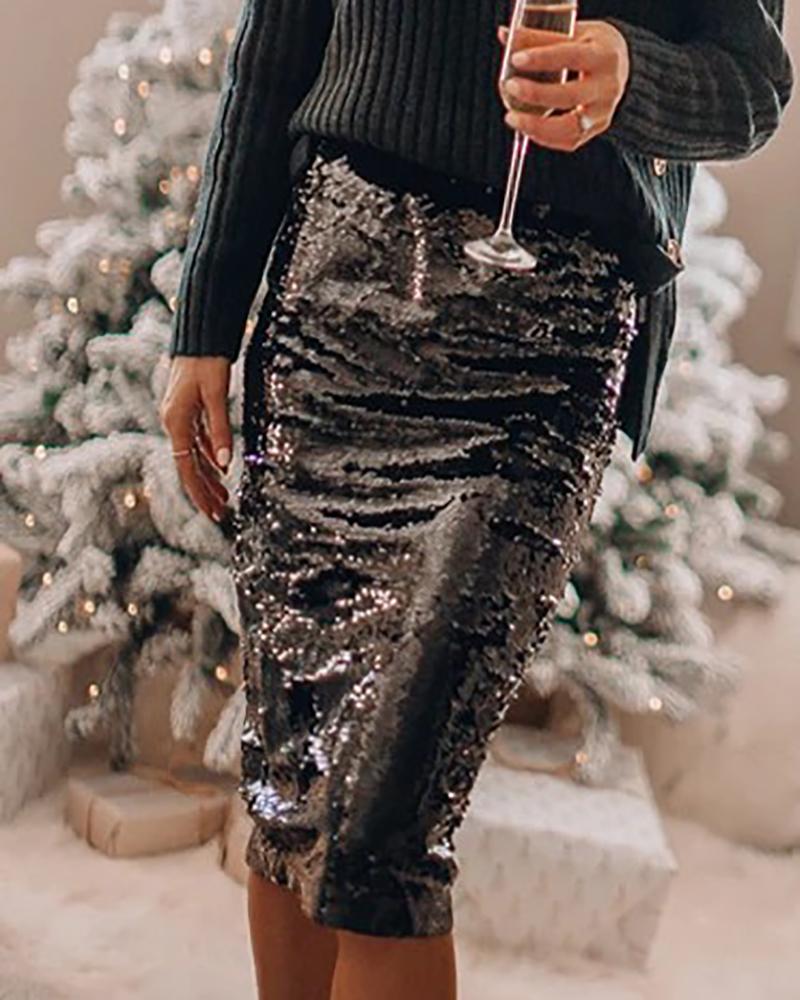 

High Waist Sequins Skinny Skirt, Black