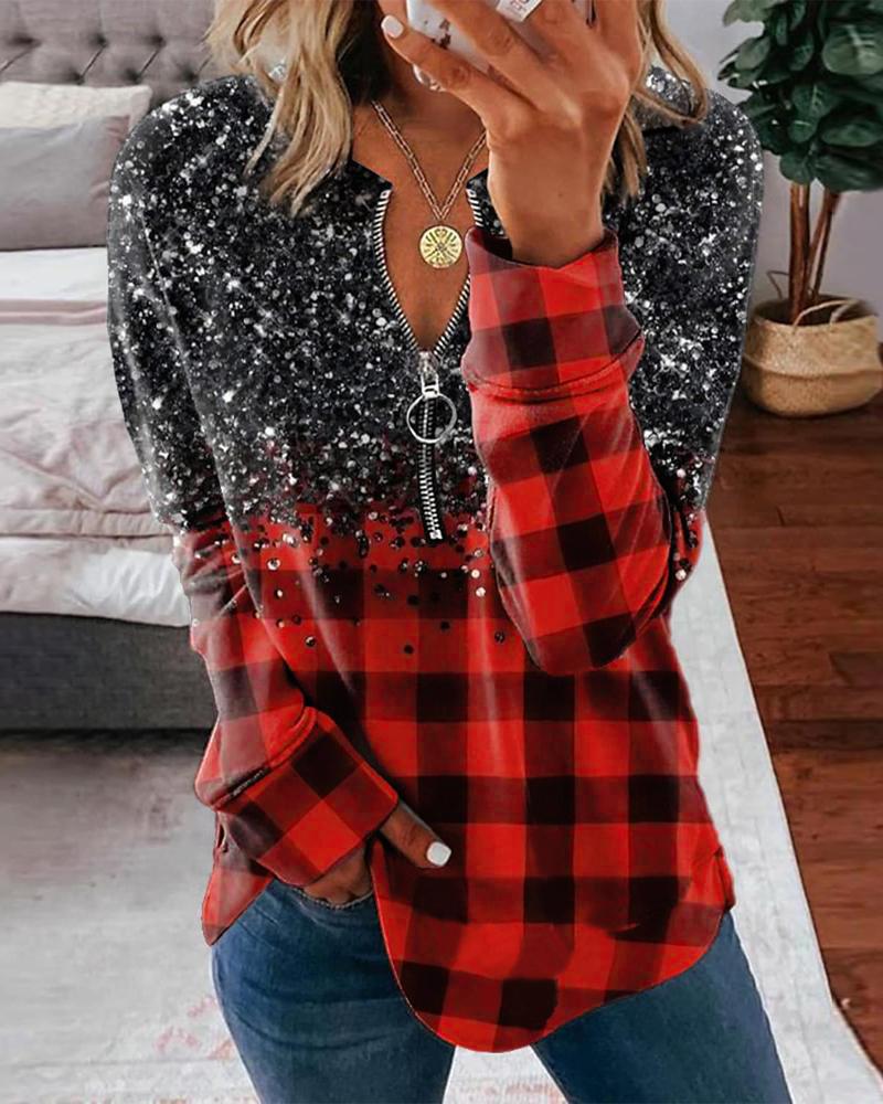 

Plaid Print Zip Front Long Sleeve Casual Top, Red