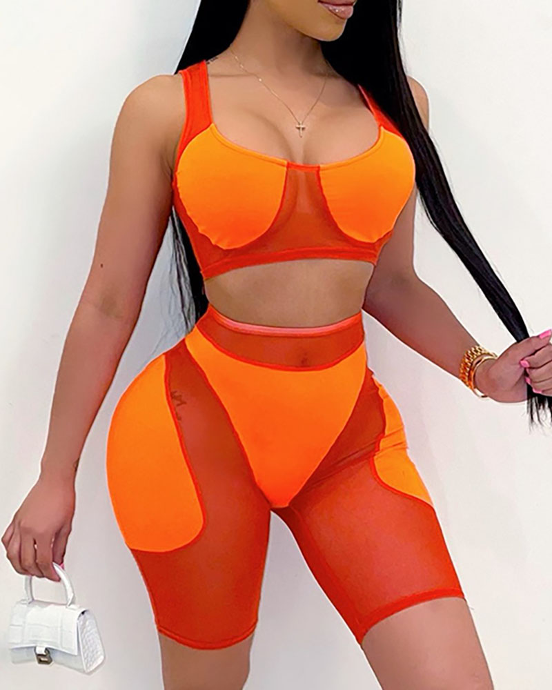 

Plain / Colorblock Sheer Mesh High Waist Active Sets, Orange