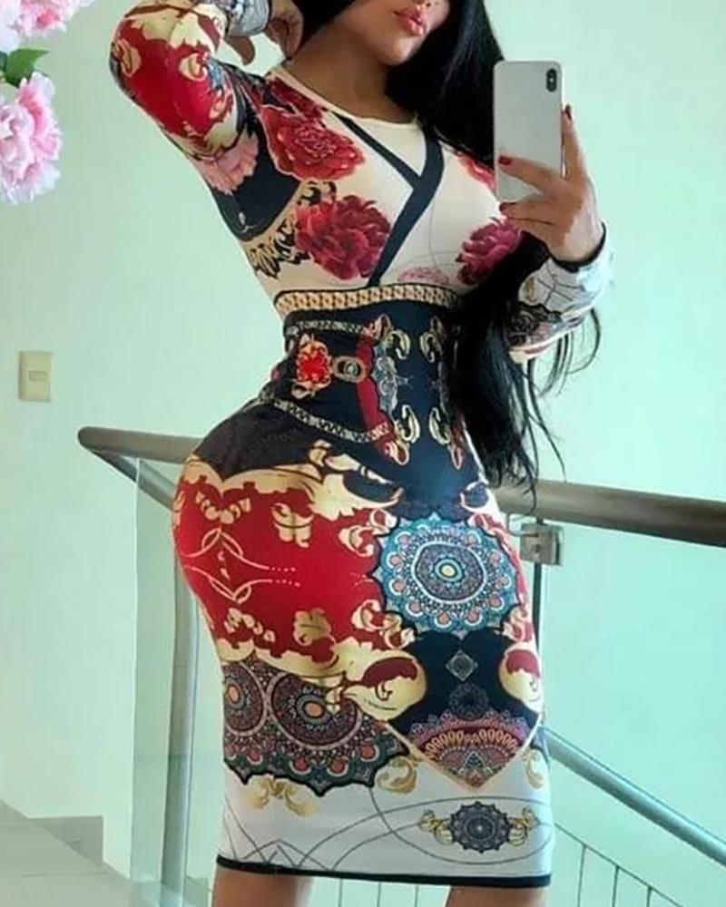 

Long Sleeve Mixed Print Bodycon Dress, White