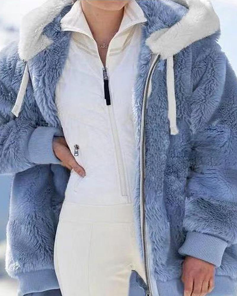 

Plus Size Long Sleeve Fuzzy Hooded Zip Up Teddy Coat, Blue