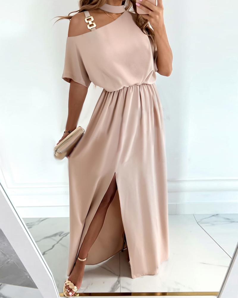 

Metal Decor Cold Shoulder Split Thigh Maxi Dress, Apricot