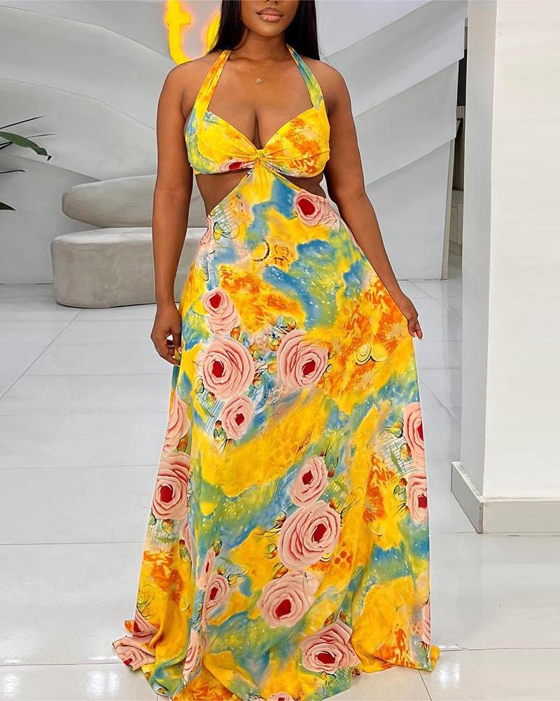 

Floral Print Cutout Halter Maxi Dress, Yellow