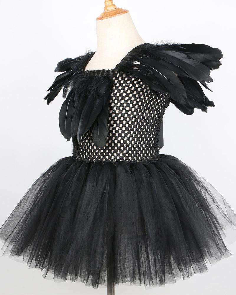 

Halloween Cosplay Magnificent Witch Black Feather Detail Kids' Costume Tutu Dress