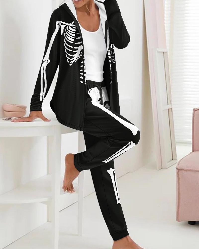 

Halloween Skeleton Print Hooded Top & Drawstring Pants Set, Black