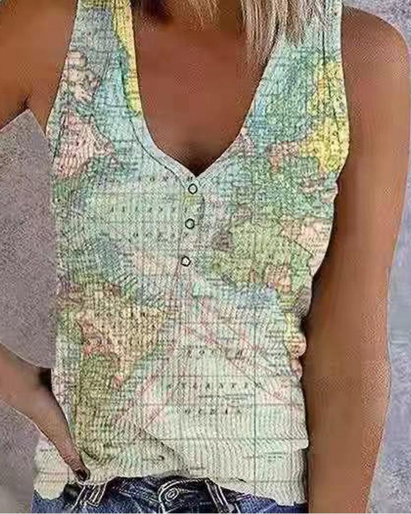 

Map Print Button Front Tank Top, Style1
