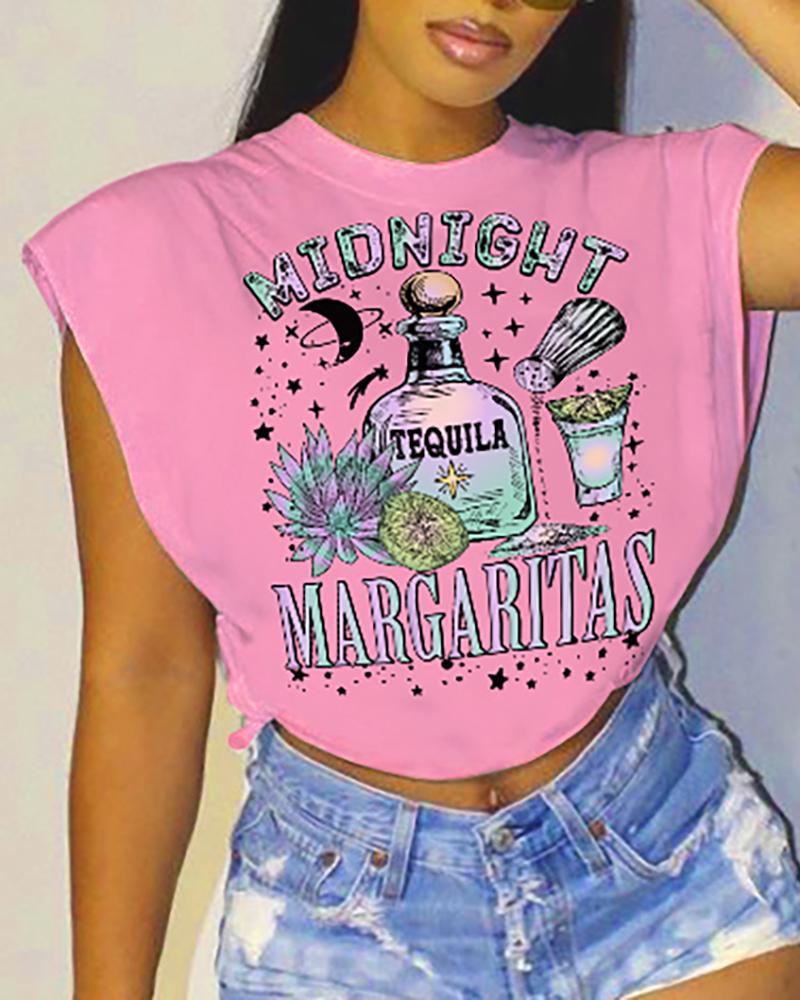 

Cap Sleeve Graphic Letter Print T-shirt, Pink