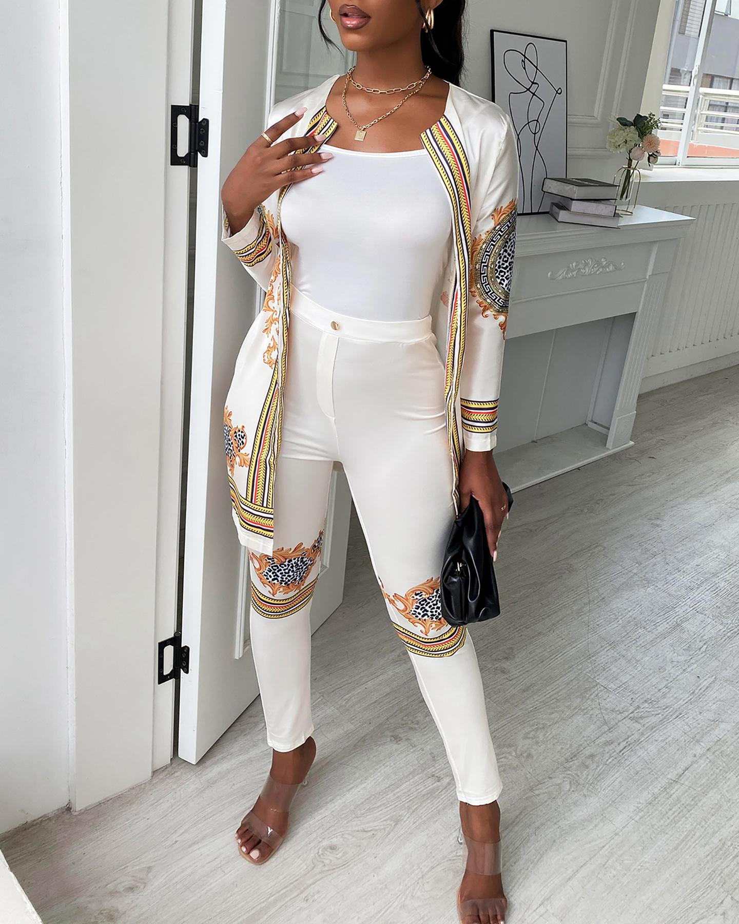

Scarf Print Cover Up & High Waisted Pants Set, Beige