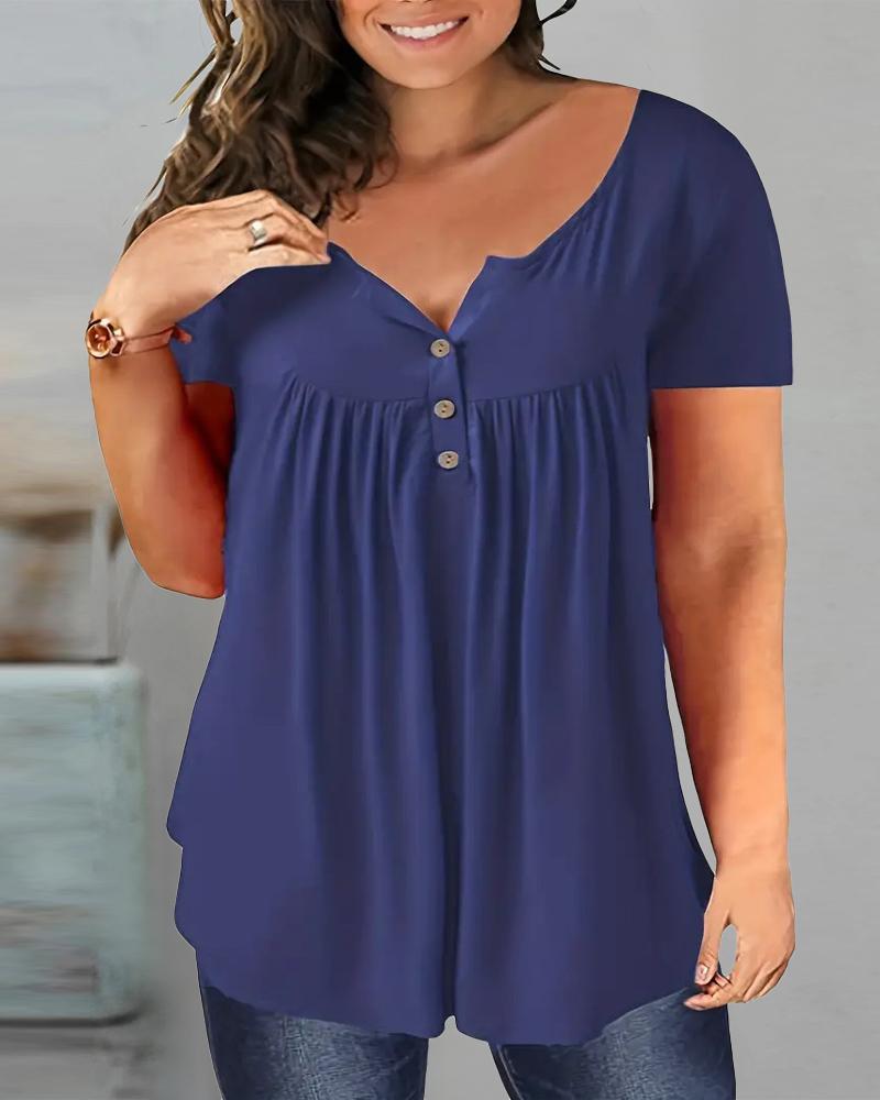 

Plus Size Ruched Buttoned Short Sleeve Top, Purplish blue