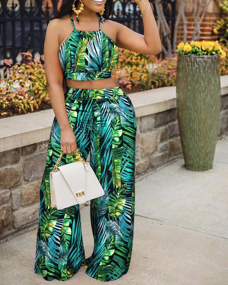 

Palm Leaf Print Crop Top & Wide Leg Pants Set, Multicolor