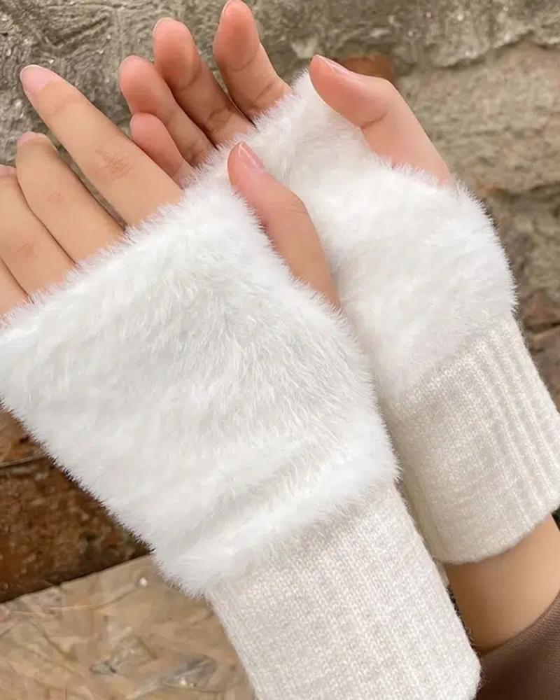 

1Pair Solid Color Fingerless Hand Warmer Fuzzy Winter Warm Gloves, White