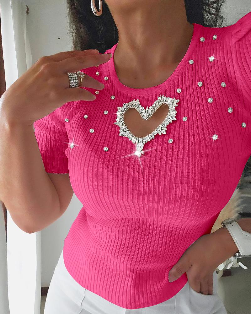

Suéter de punto con cuentas y diamantes de imitación con tachuelas y corazón hueco, Hot pink