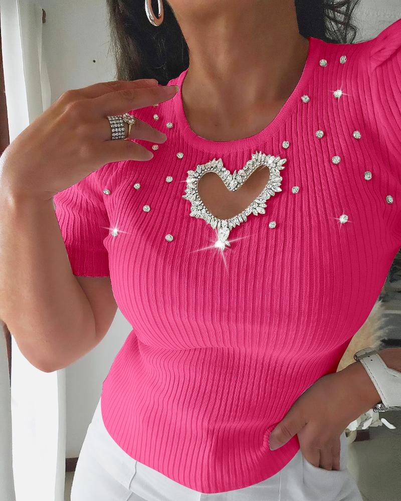 

Hollow Heart Studded Rhinestone Beaded Knit Sweater, Hot pink