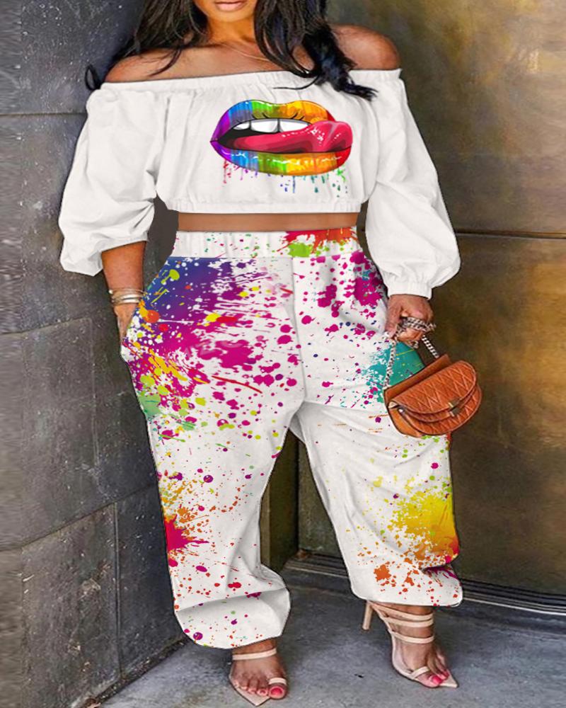 

Plus Size Ink Splash Lip Print Off Shoulder Crop Top & Pants Set, White