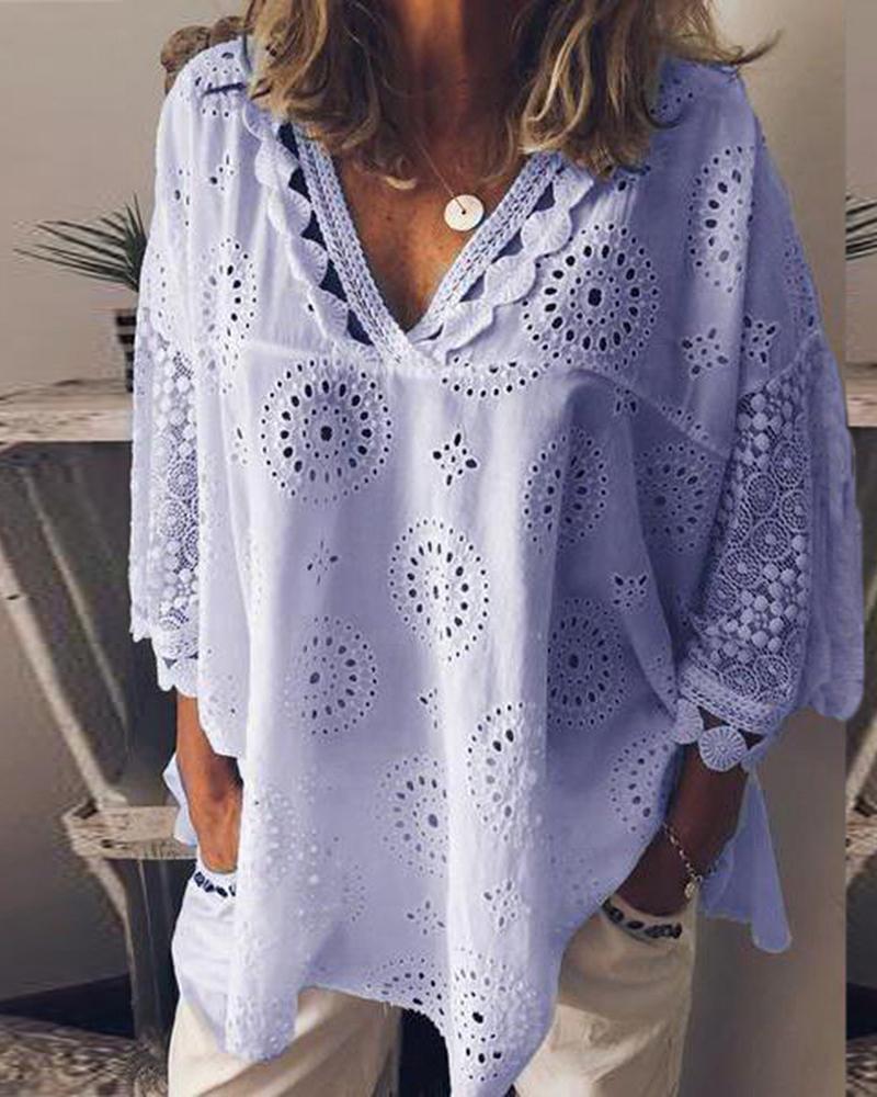 

V Neck Broderie Anglaise Lace Blouse, Purple