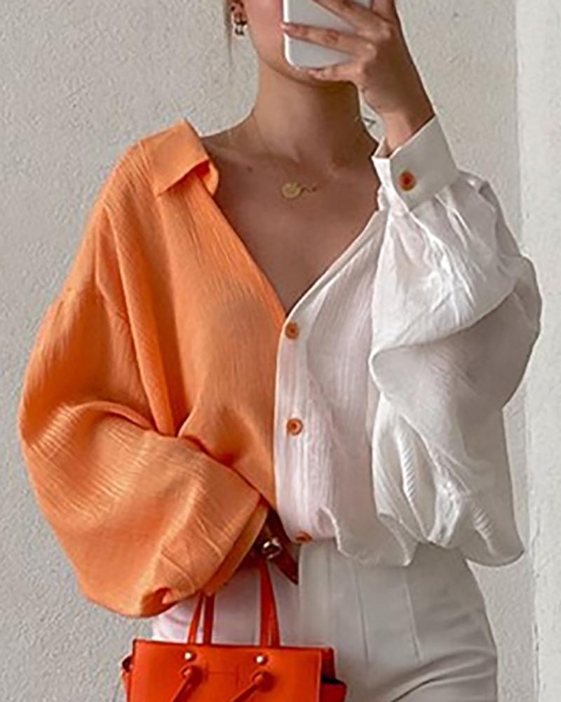 

Long Sleeve Buttoned Pocket Design Colorblock Top, Orange