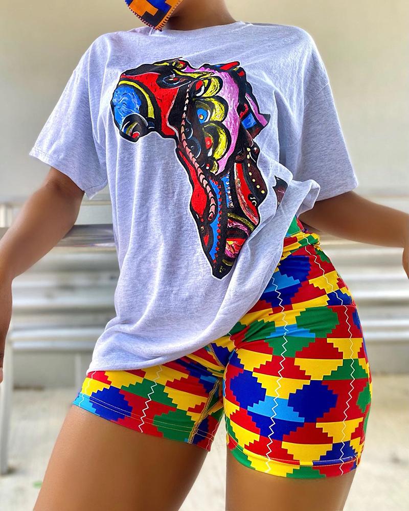 

O-Neck Abstract Print Top & Allover Print Shorts Set, White