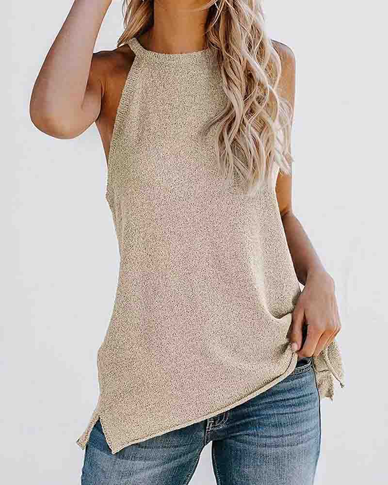 

Sleeveless Plain Side Slit O-neck Top, Apricot