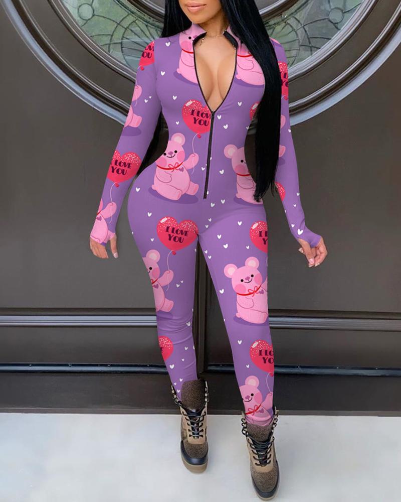 

Heart Print Zipper Front Long Sleeve Skinny Jumpsuit, Purple