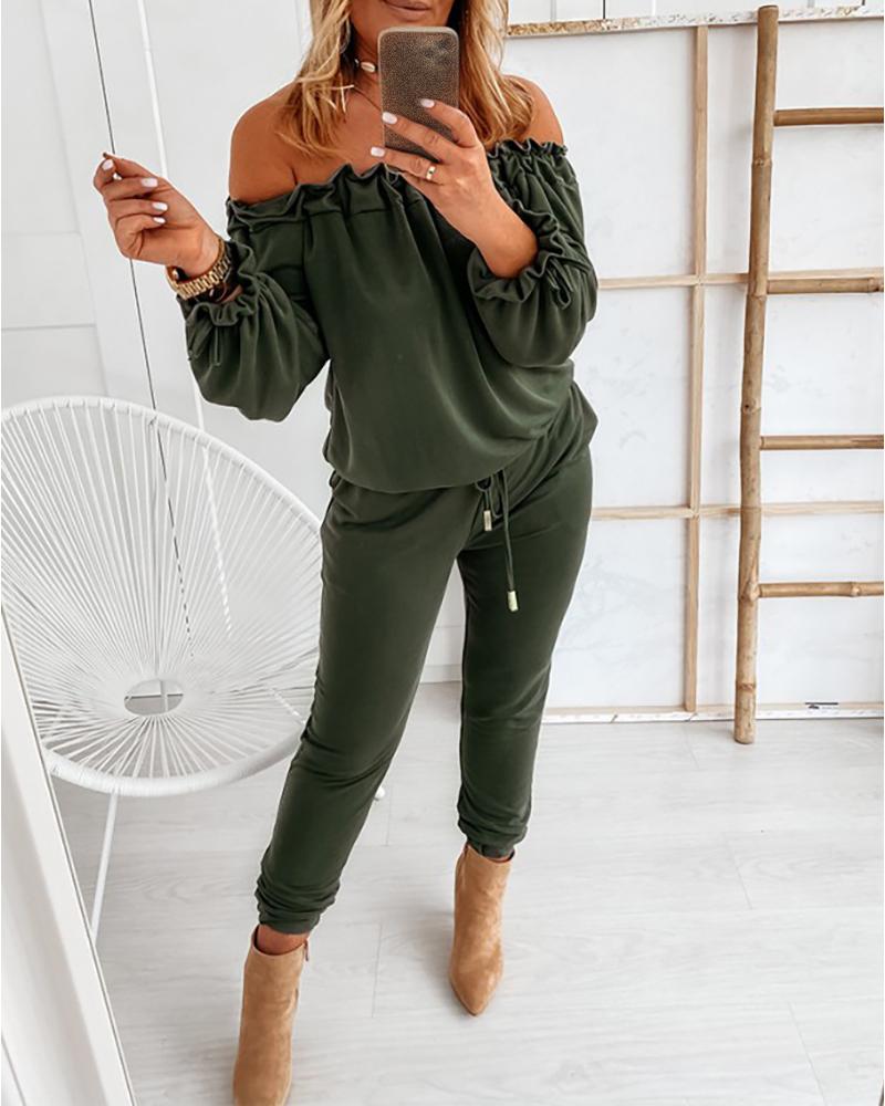 

Off Shoulder Long Sleeve Drawstring Frill Hem Jumpsuit, Army green