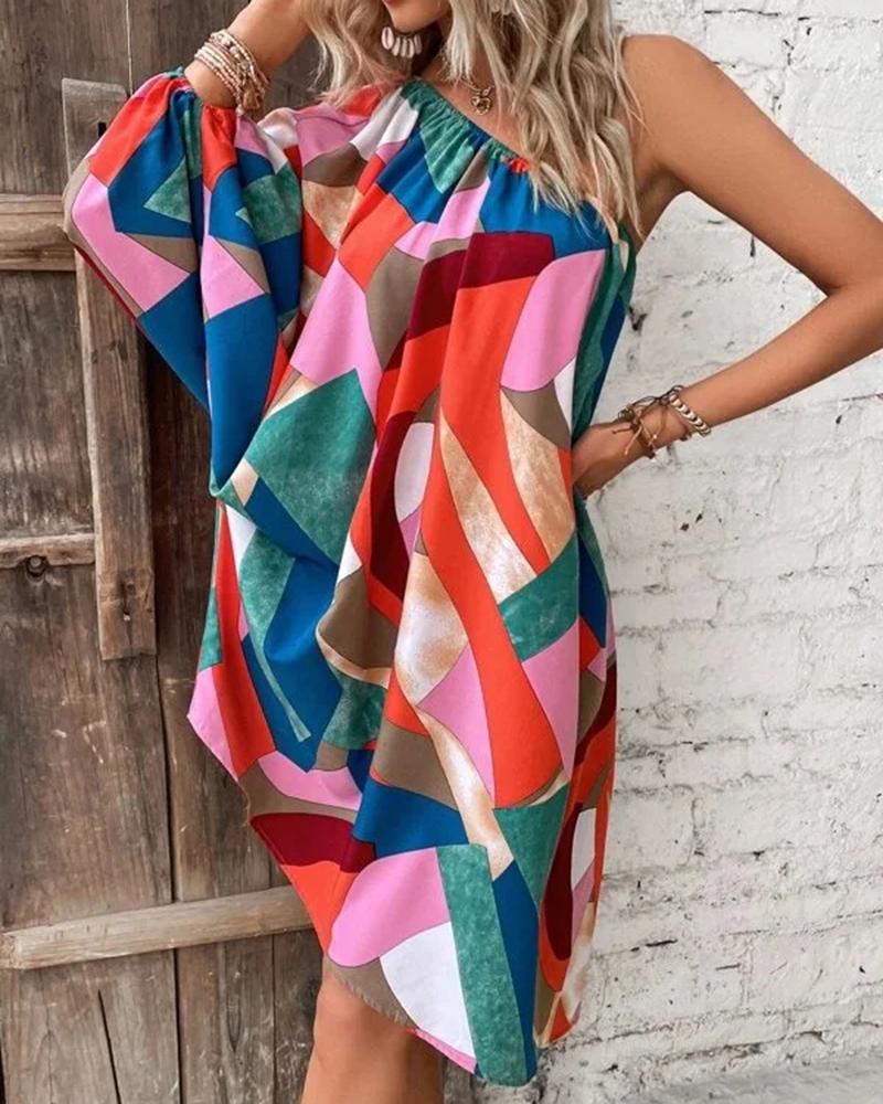 

Geometric Print One Shoulder Asymmetrical Dress, Multicolor
