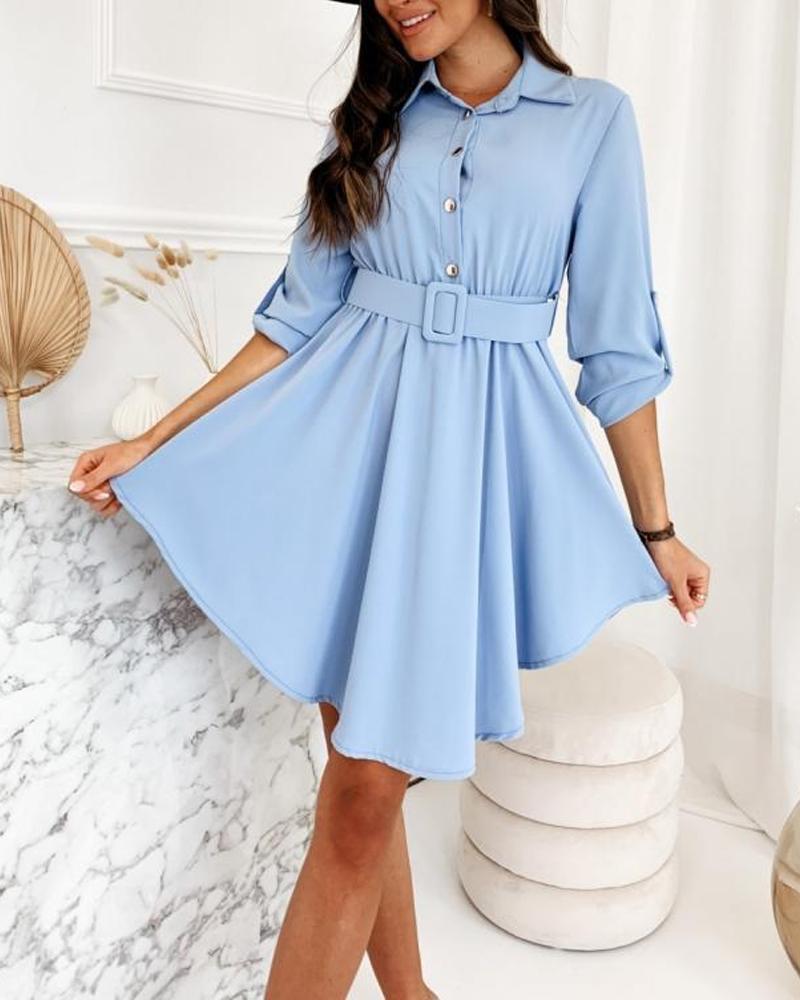 

Roll Up Sleeve Belted Shirt Dress, Blue