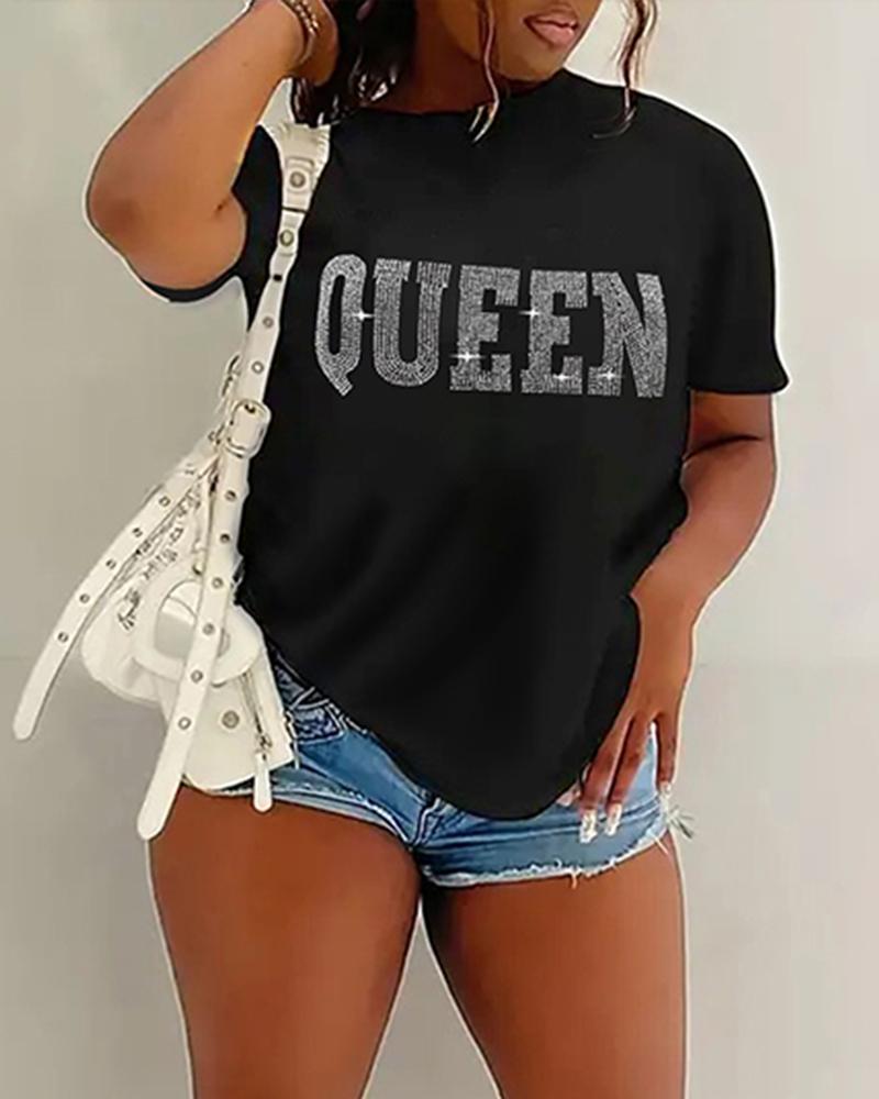 

Plus Size Queen Rhinestone Casual T-shirt, Black