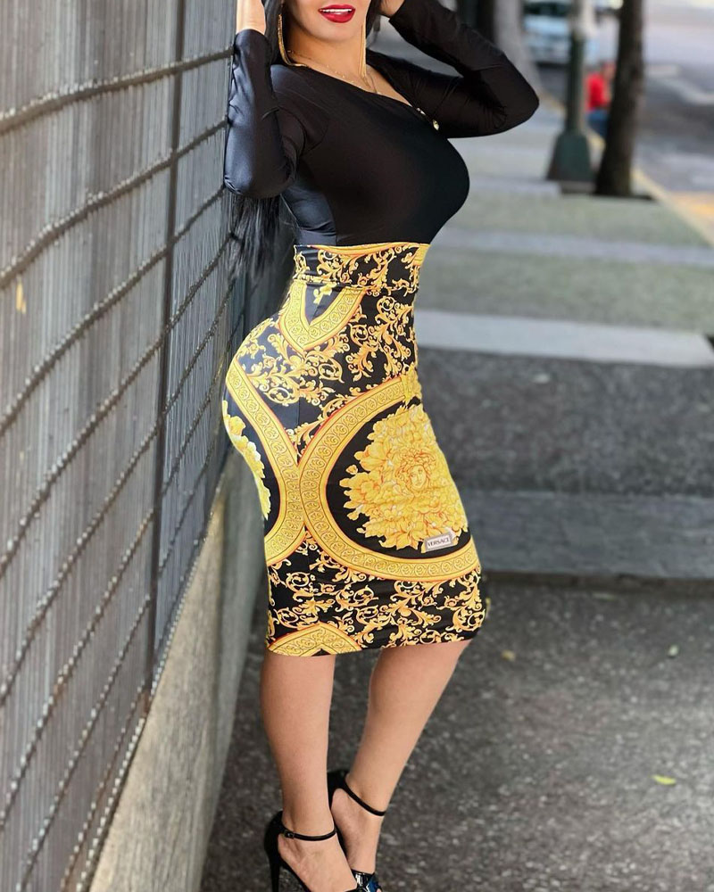 

Baroque Print Long Sleeve Work Dress, Black