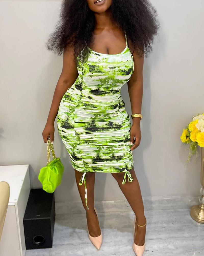 

Ruched Drawstring Tie Dye Print Bodycon Dress, Green