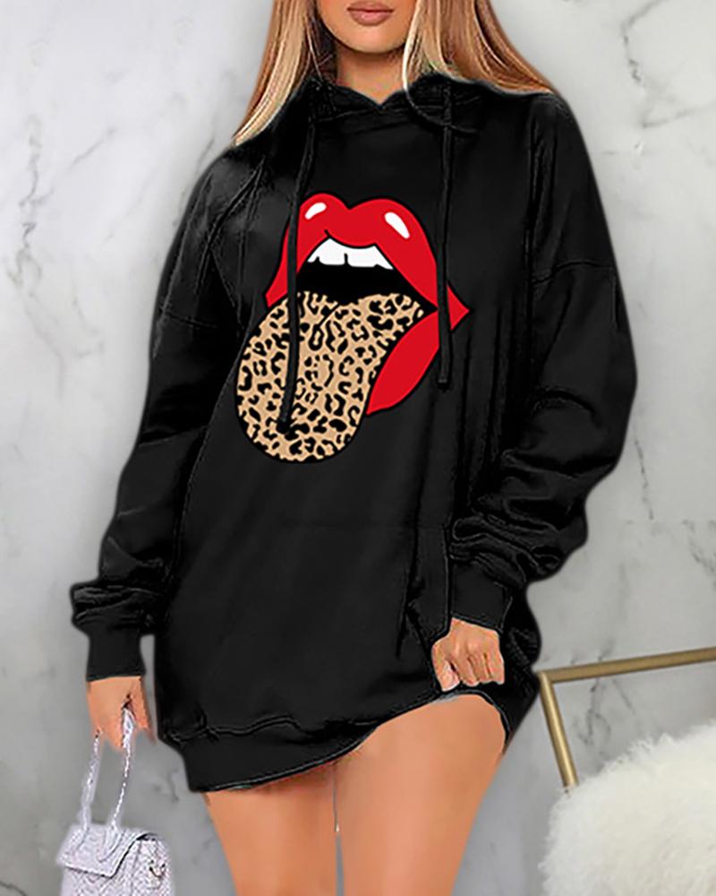 

Lip Leopard Print Long Sleeve Hooded Top, Black