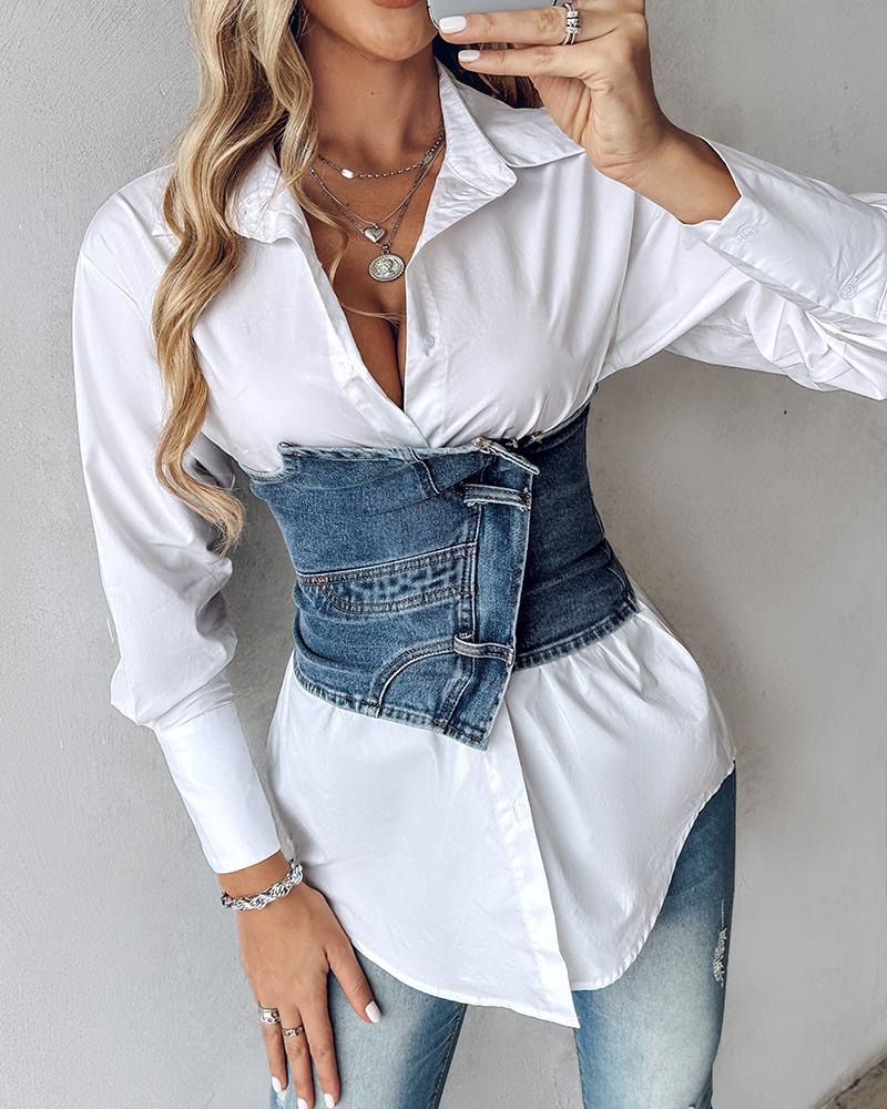 

Colorblock Buttoned Denim Patchwork Top, White