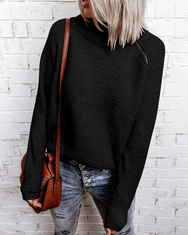 

Zipper Design Long Sleeve High Neck Knit Sweater, Black