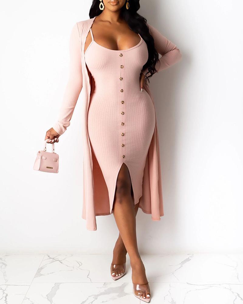 

Solid Ribbed Buttoned Dress & Longline Coat, Pink