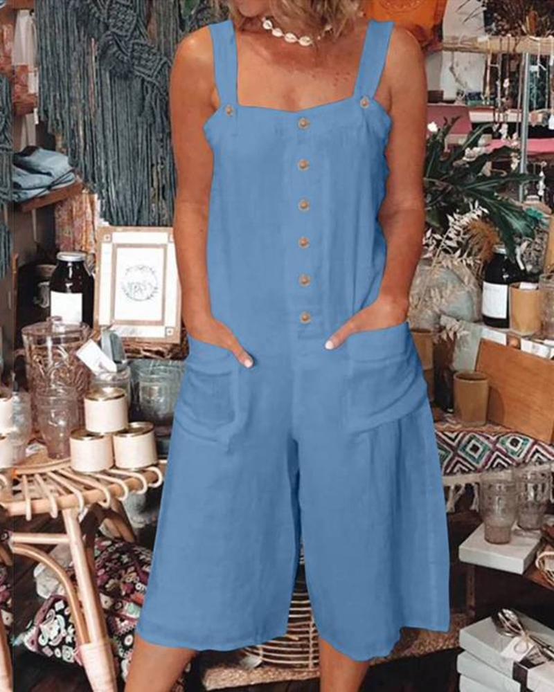 

Button Front Pocket Design Suspender Romper, Blue