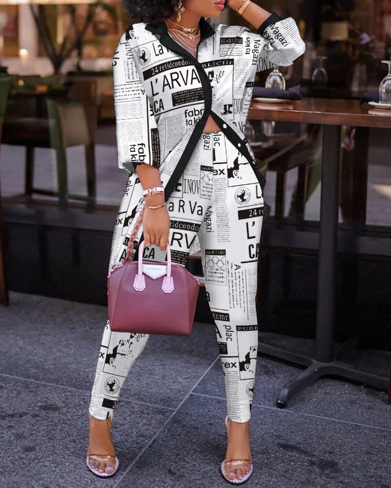 

Letter Print Button Front Top & Pants Suit Set, White