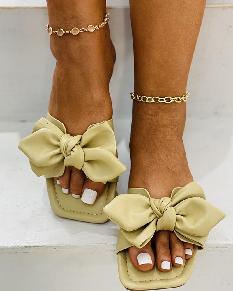 

Square Toe Bowknot Pattern Flat Sandals, Yellow