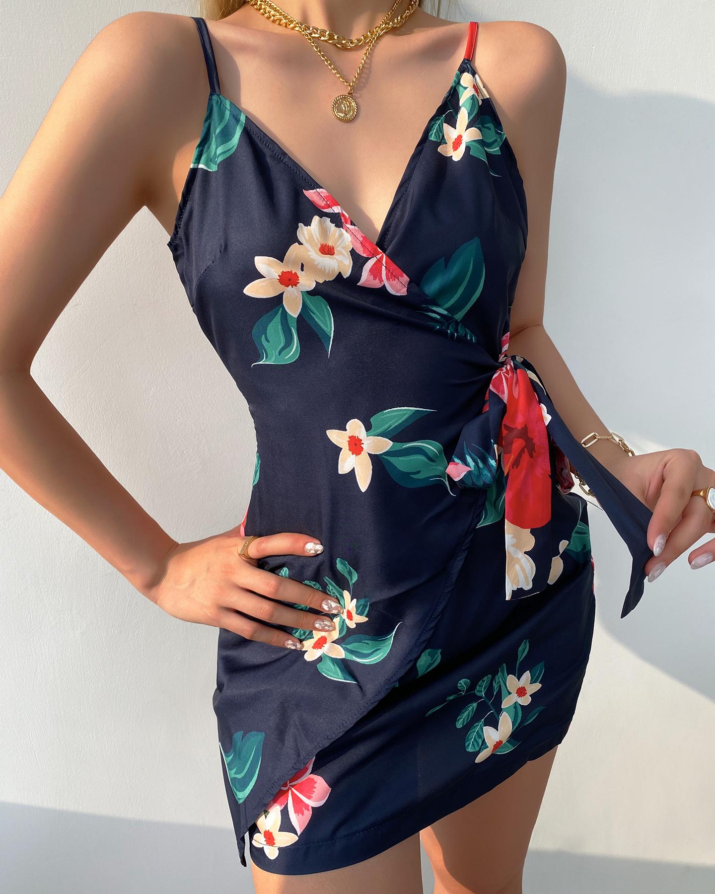 

Floral Print V-Neck Wrap Tie Side Cami Dress, Purplish blue