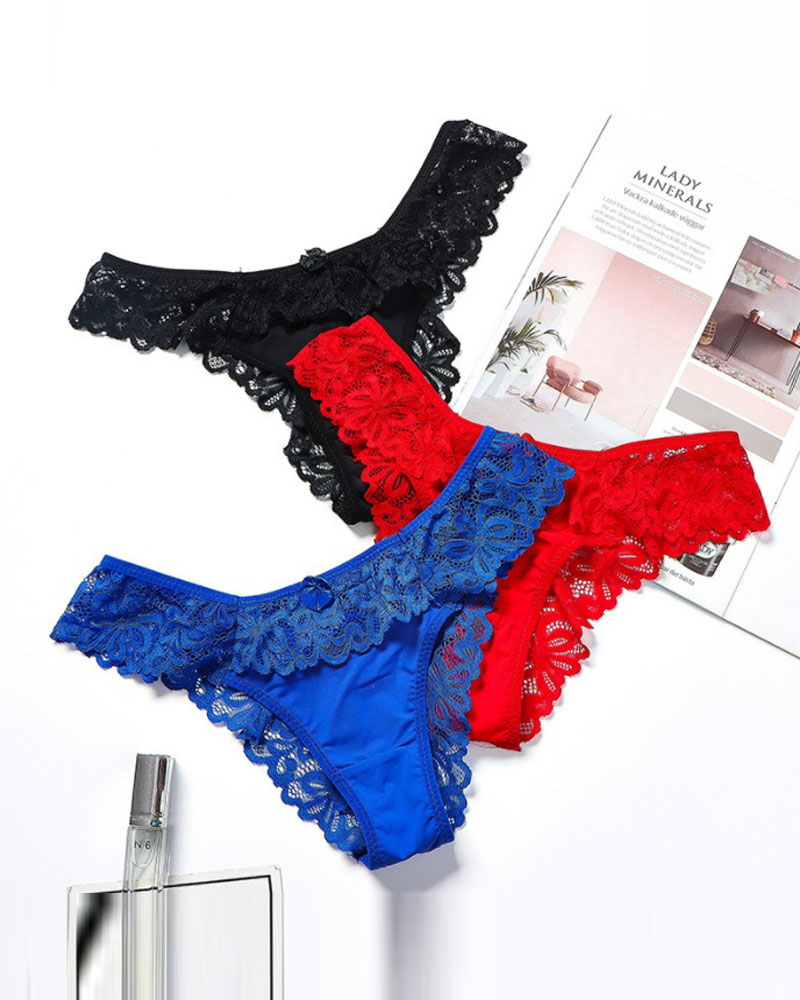 

Breathable Bowknot Decor Floral Lace Panty, Blue