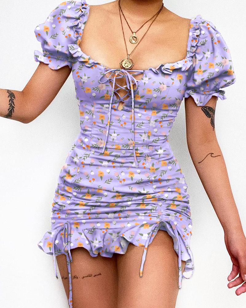 

Ruffles Lace-up Puff Sleeve Ditsy Floral Print Dress, Purple
