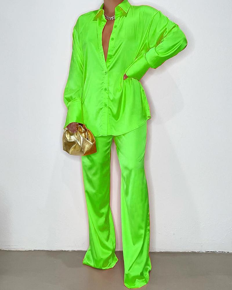 

Satin Buttoned Long Sleeve Shirt & High Waist Pants Set, Green