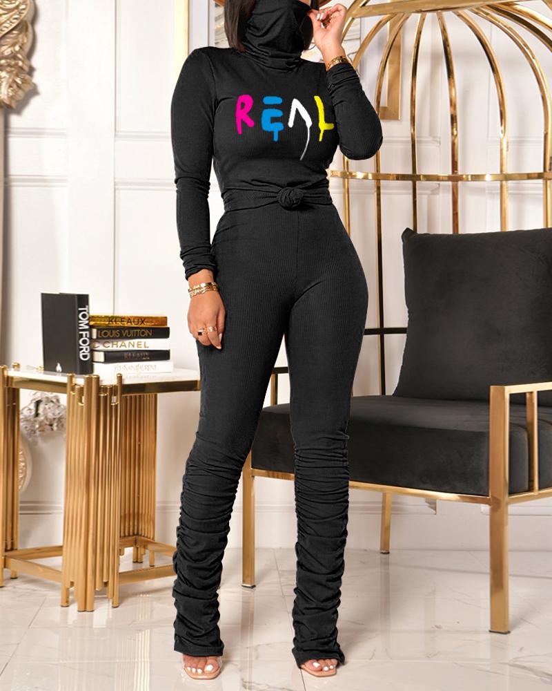 

Letter Print High Neck Ribbed Top & Stacked Pants Set, Black