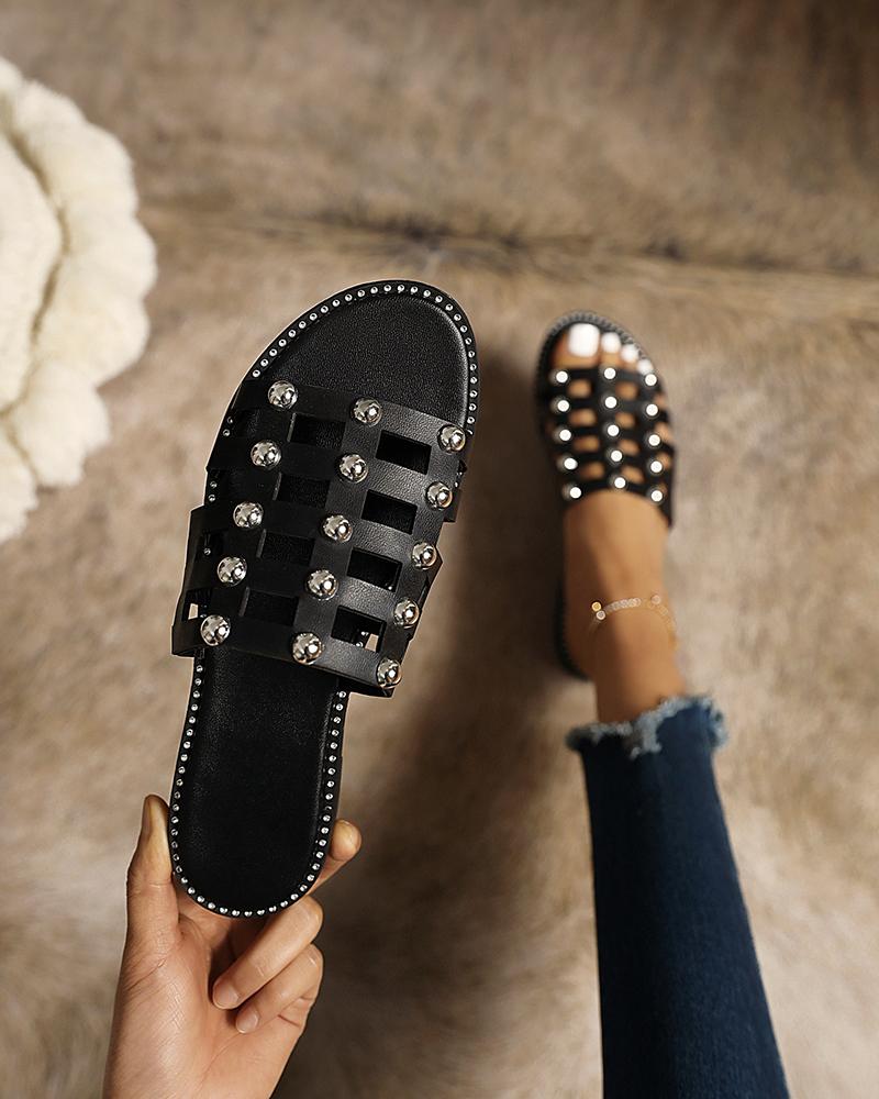 

Studded Patchworl Open-toe Flat Sandals, Black