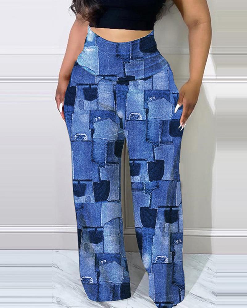 

Denim Look Print High Waist Pants, Blue