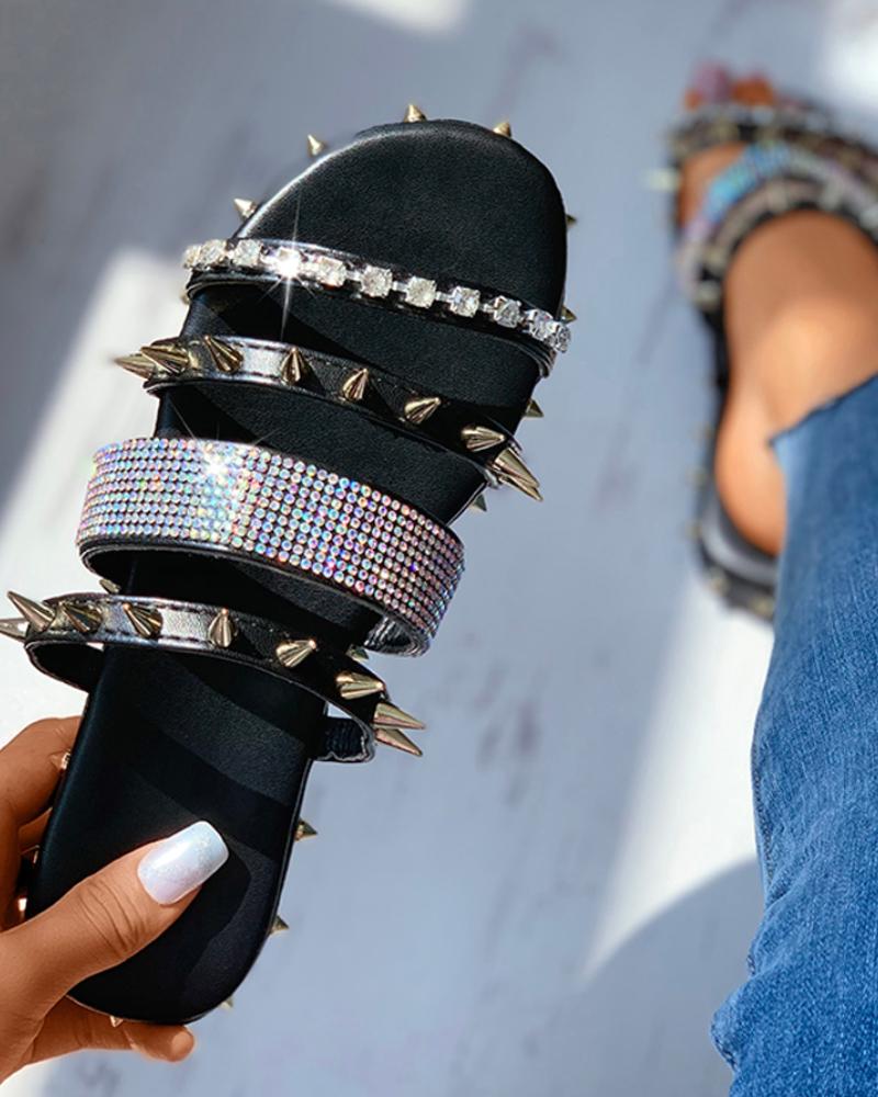 

Rhinestone Rivet Design Multi Strap Slippers, Black