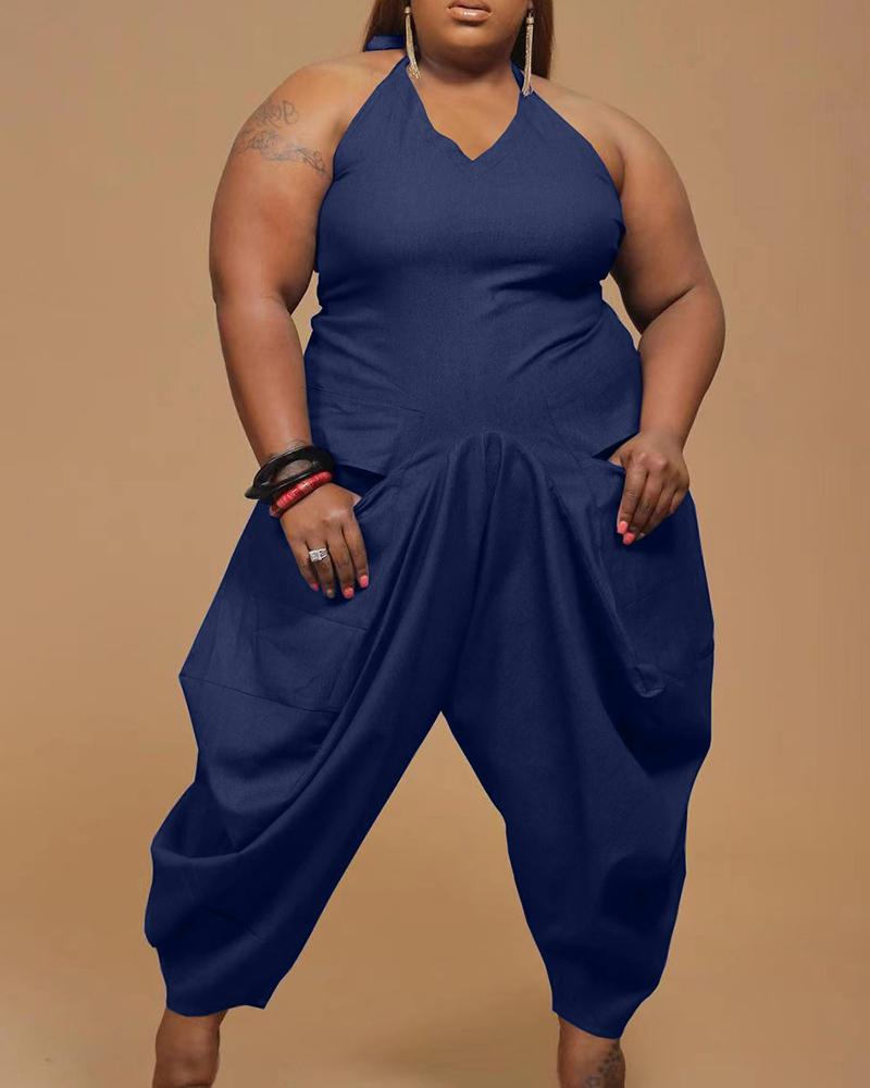 

Plus Size Plain Pocket Design Halter Harem Jumpsuit, Dark blue