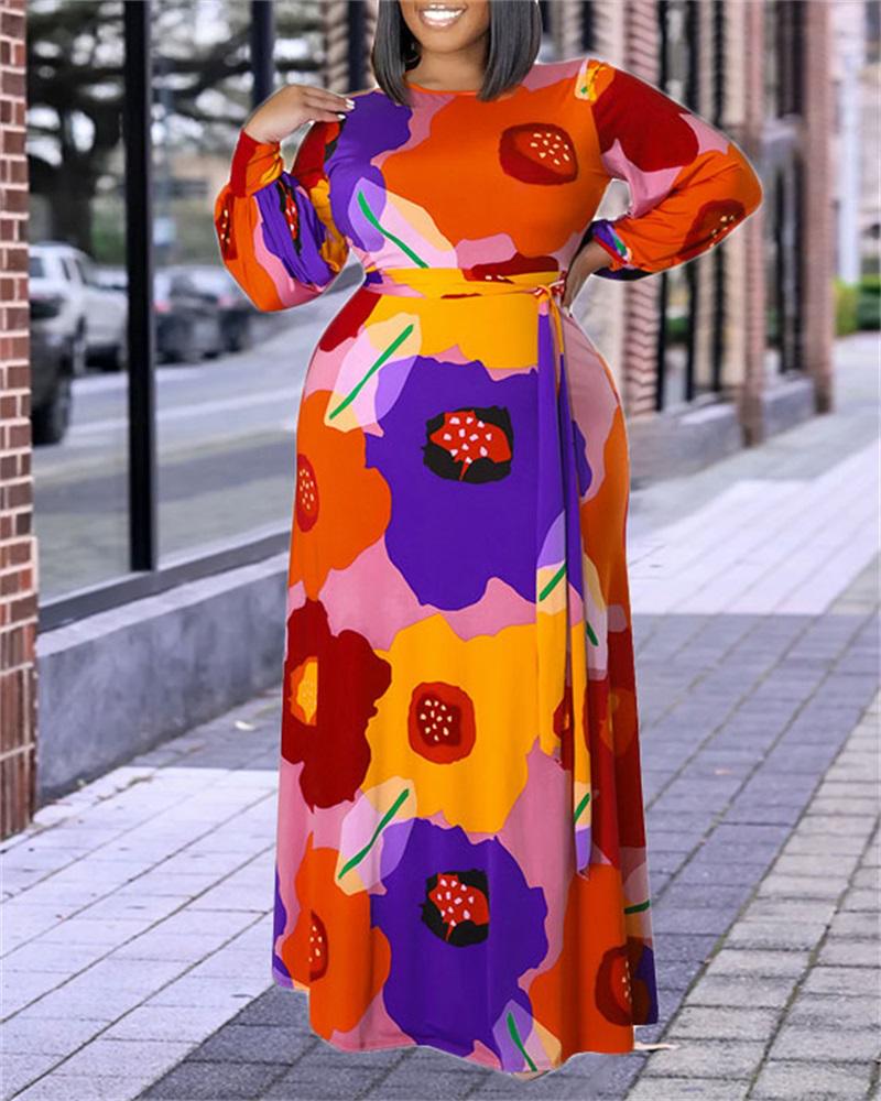 

Plus Size Floral Print Long Sleeve Belted Maxi Dress, Orange